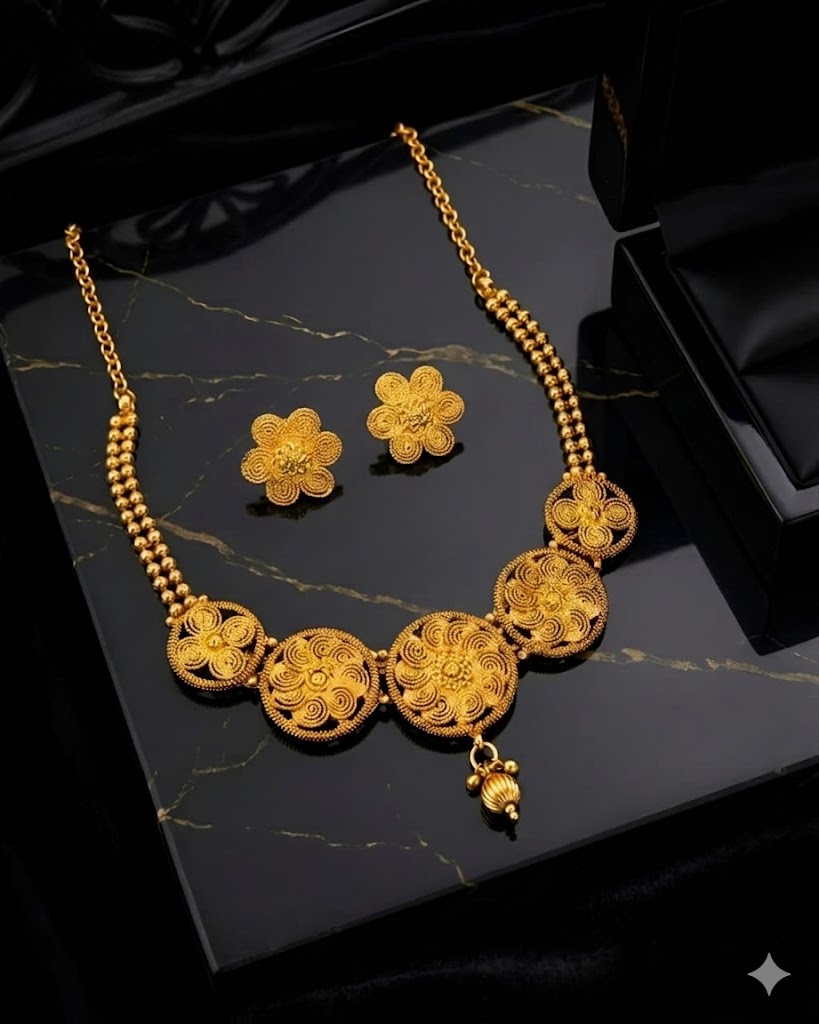 Gold Filigree Flower Necklace Set